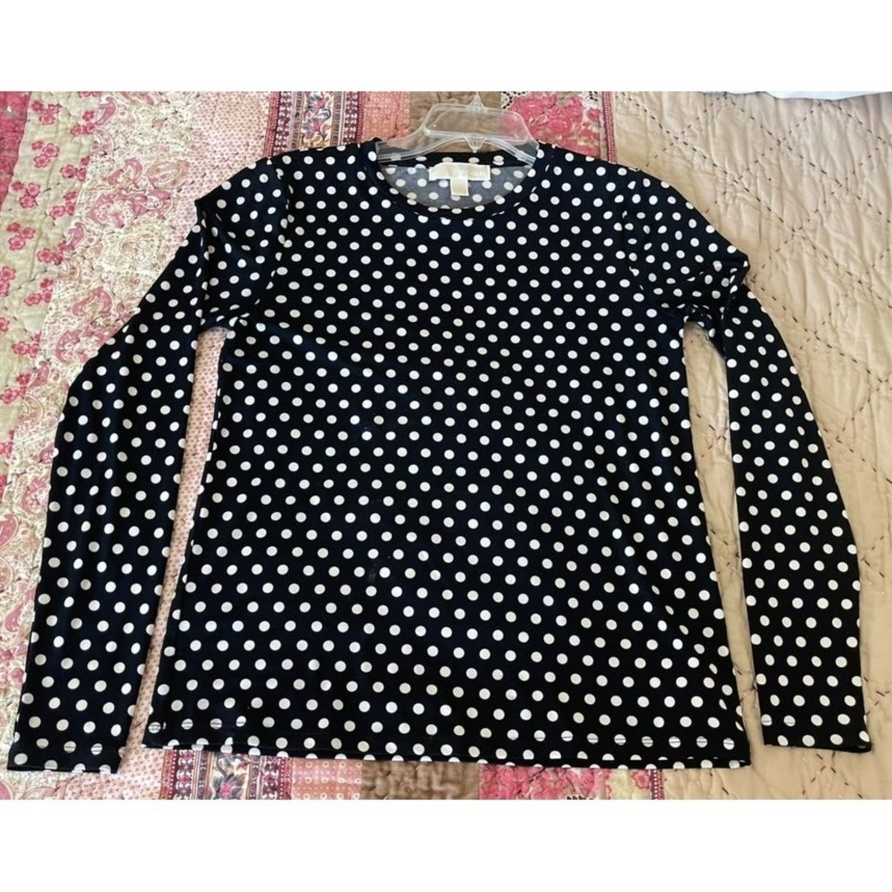Michael Kors Black White Polka Dot Long Sleeve Crew Neck Top Small timeless chic